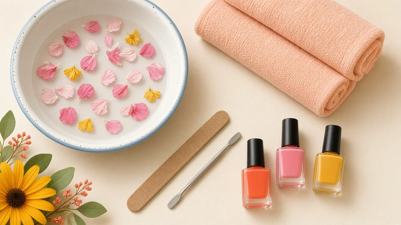 A pedicure soak bowl with flower petals, peach towels, a nail file and coral, pink and mustard polish bottles on a cream surface